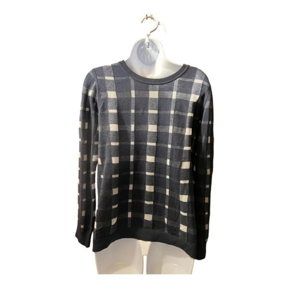 Banana Republic Women Sweater Large Blue Check Back Button Crew Neck Lightweight - Picture 2 of 6